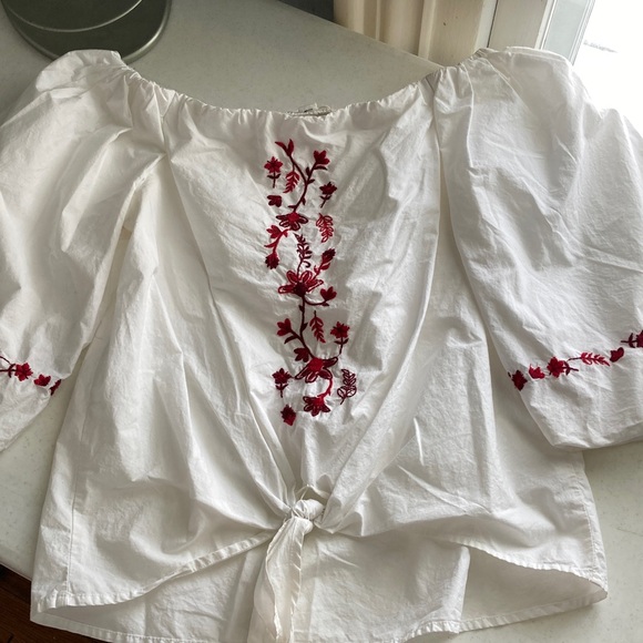 beachlunchlounge Tops - beachlunchlounge Off the Shoulders  Blouse with Red Embroidery
